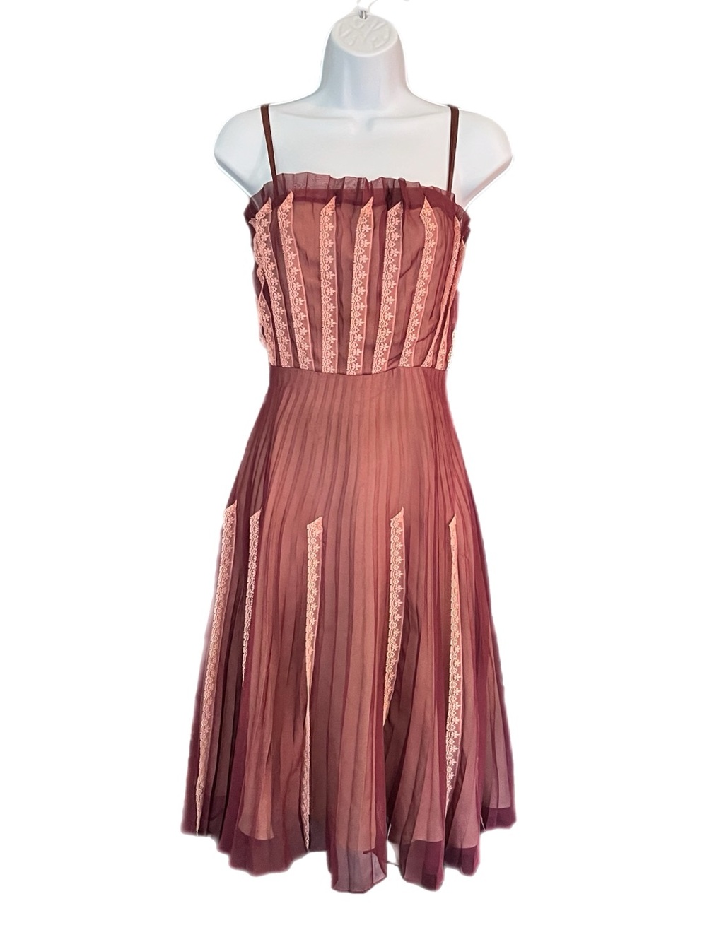 Vintage Betsey Johnson New York Sheer Maroon Mesh & Pink Lace Pleated Dress